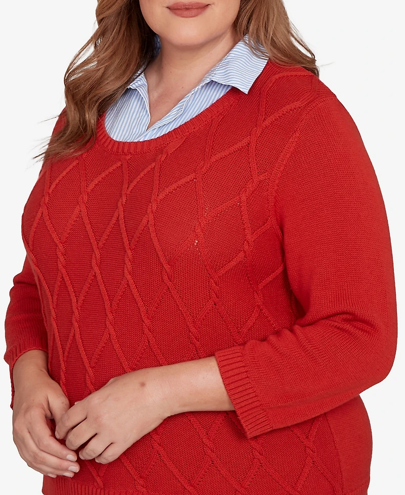 Alfred Dunner Plus Sunset Canyon Stitched Cable Stripe Woven Trim Sweater