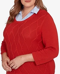 Alfred Dunner Plus Sunset Canyon Stitched Cable Stripe Woven Trim Sweater