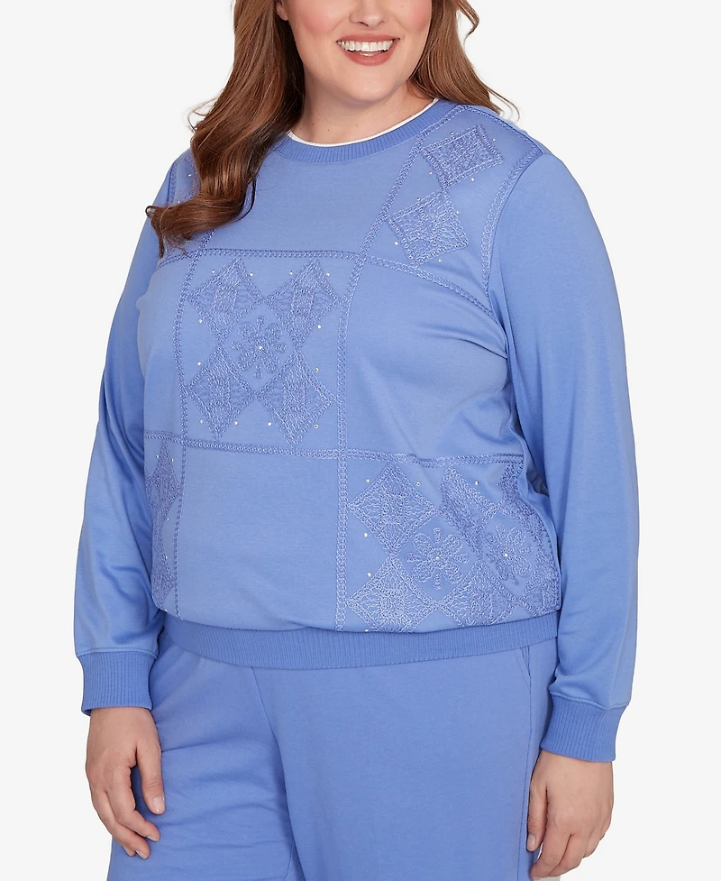 Alfred Dunner Plus Size Casual Vibe Embroidered Patchwork Long Sleeve Top