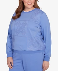 Alfred Dunner Plus Size Casual Vibe Embroidered Patchwork Long Sleeve Top