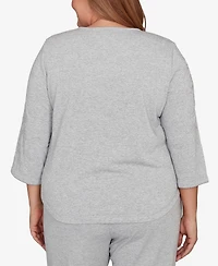 Alfred Dunner Plus Casual Vibe Asymmetrical Floral Embroidered Detail Top