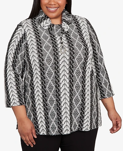 Alfred Dunner Plus Jet Setter Cable Jacquard Knit Top with Necklace