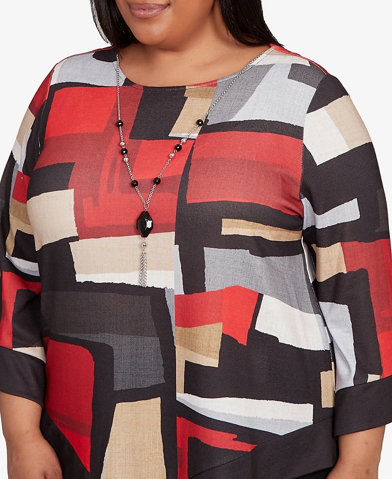 Alfred Dunner Plus Jet Setter Knit Colorblock Top with Necklace