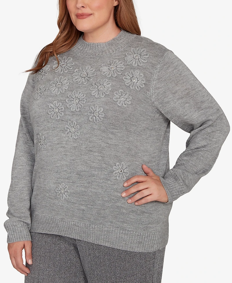 Alfred Dunner Plus Jet Setter Floral Soutache Embroidered Sweater