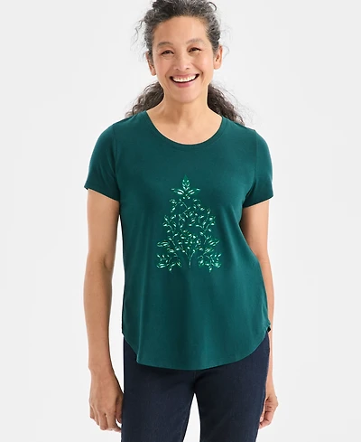 Style & Co Women's Holiday Tree Graphic T-Shirt, Macy's Exclusive