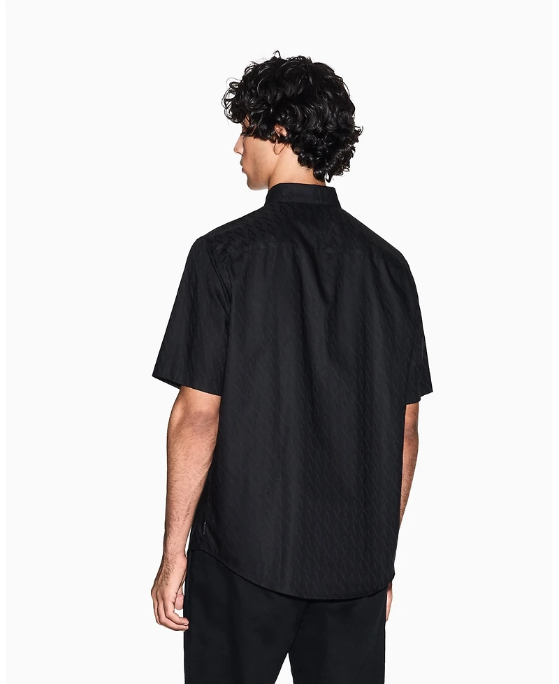 A|X Armani Exchange Men's Short Sleeve Cotton Jacquard Allover Logo Woven Shirt
