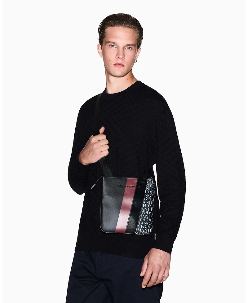 A|X Armani Exchange Men's Striped Flat Logo Graphic Details Crossbody Bag