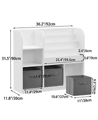 Jujabu 36 in. Wide White/Gray Multifunctional Kids Bookcase and Bookshelf with 3 Collapsible Fabric Drawers Bookcase Display Stand