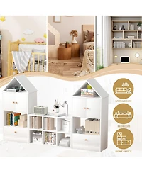 Jujabu White Wood Children's Bookshelf with House-Shaped Design with Adjustable Placement for Playroom or Bedroom
