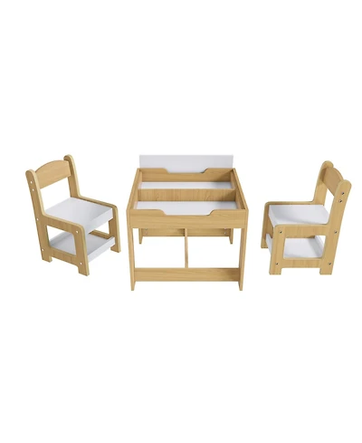 Jujabu Natural Wood 3-in-1 Kids Study Table and Chairs Set with Detachable Blackboard Top for Drawing