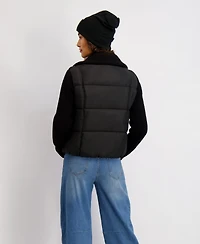 Kensie Women's Mixed Media Short Puffer with Knit Sleeves & Collar