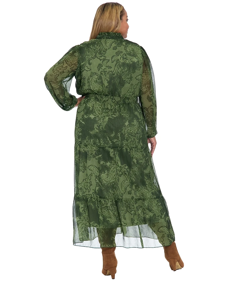 London Times Plus Printed Long Sleeve A-Line Dress
