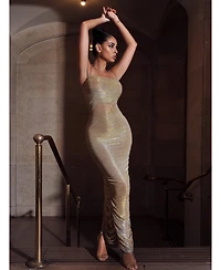 Miss Circle Women The Glint Gold Ruched Chiffon Long Maxi Dress