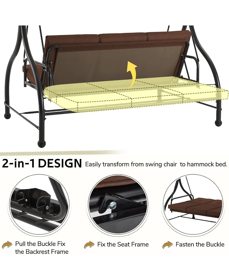 Aecojoy 3 Seats Porch Swing Chair with Adjustable Backrest & Canopy