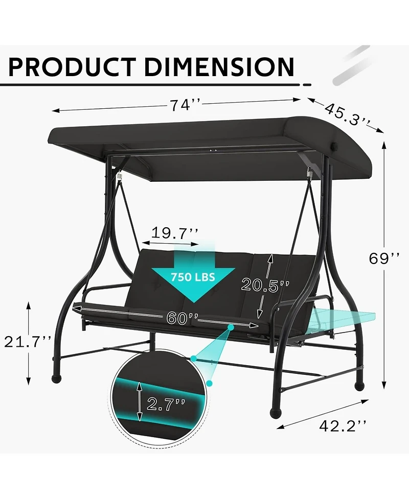 Aecojoy 3 Seats Porch Swing Chair with Adjustable Backrest & Canopy