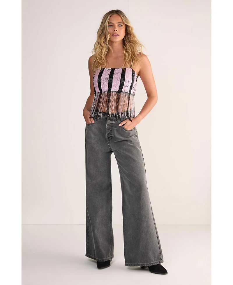Nasty Gal Women's Stripe Sequin Tassel Crop Top