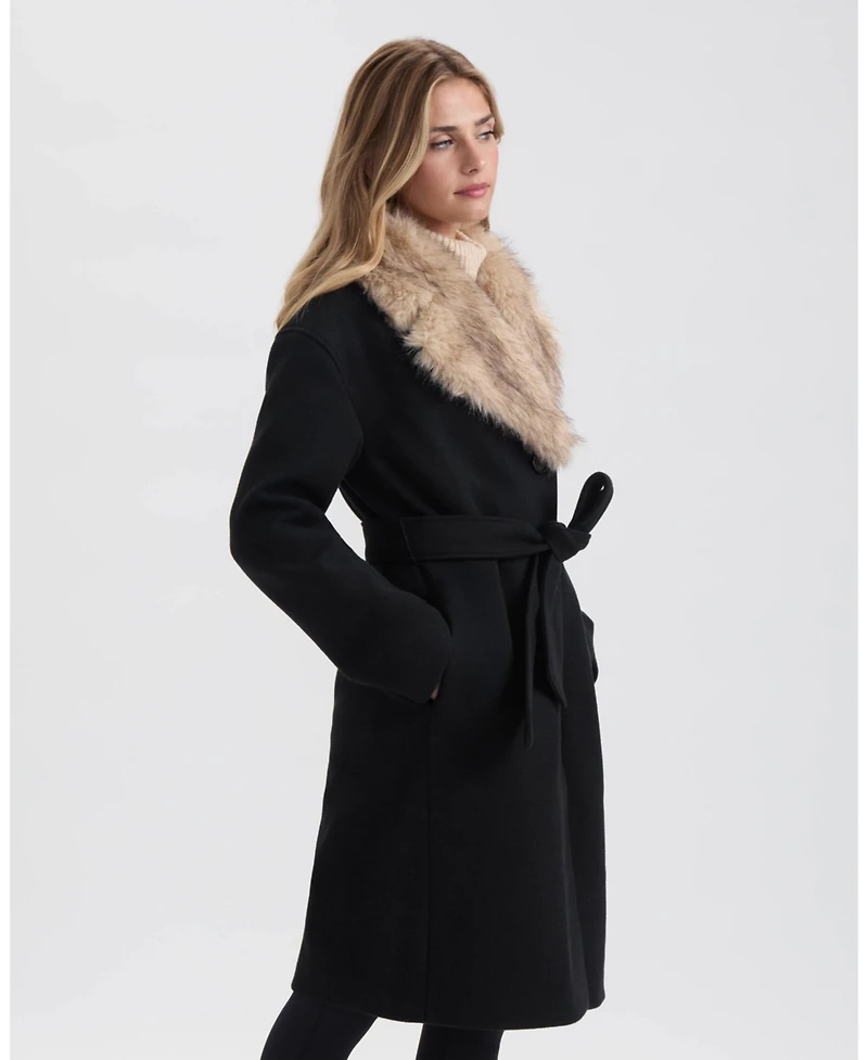 Ellen Tracy Women's Long Faux Wool Coat with Detachable Fur Collar