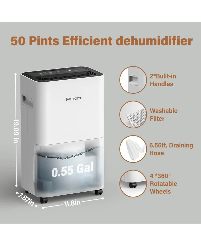 Fehom 50 Pints Dehumidifier for Home Basements 4,500 Sq.Ft with Drain Hose Timer
