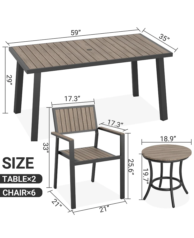 8-Piece Aluminum Gray Outdoor Patio Dining Set with Rectangle Table, Small Side Table and 6-Stackable Chairs
