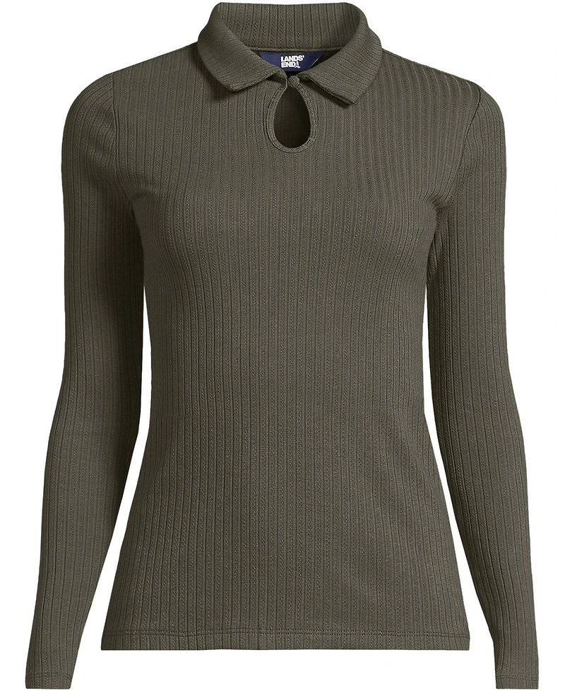 Lands' End Plus Long Sleeve Pointelle Rib Keyhole Polo Top