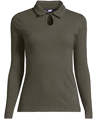 Lands' End Plus Long Sleeve Pointelle Rib Keyhole Polo Top