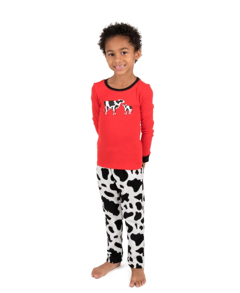 Leveret Kids Cotton Top and Fleece Pants Pajamas, Cow Print, Matching Family Pajamas