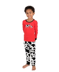 Leveret Kids Cotton Top and Fleece Pants Pajamas, Cow Print, Matching Family Pajamas