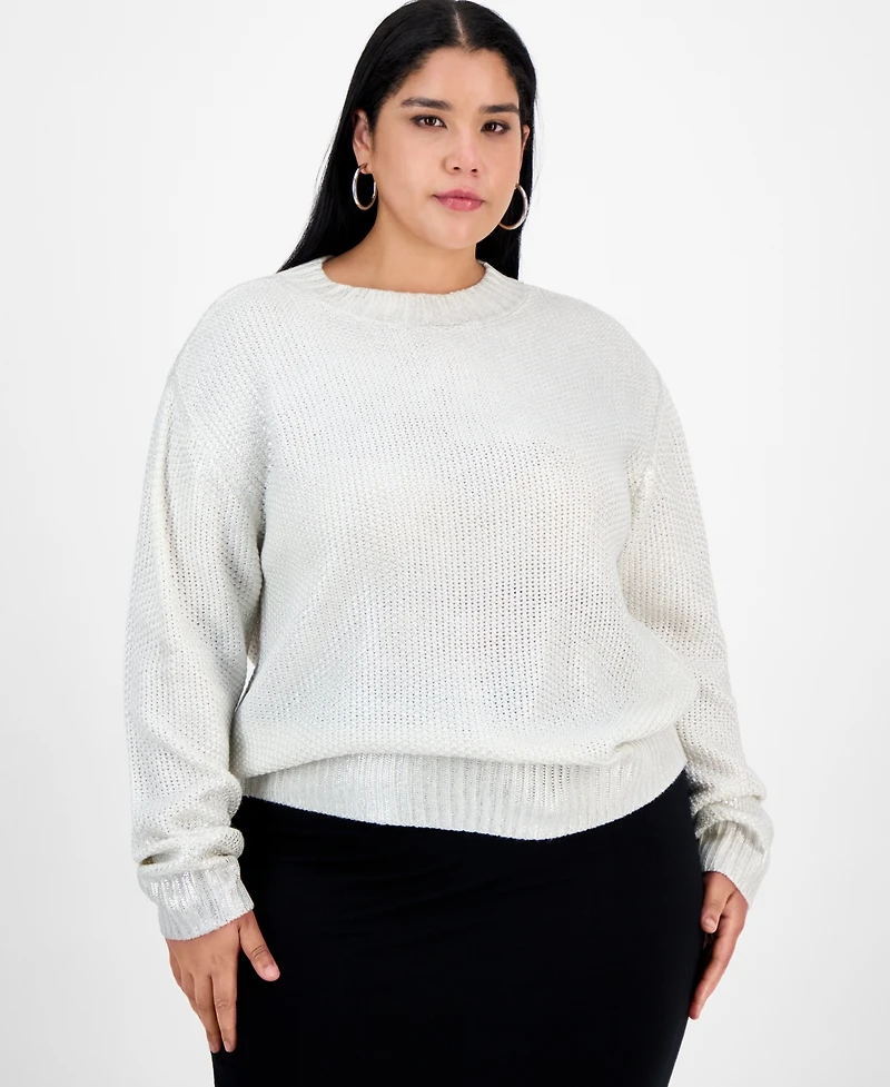 Bar Iii Trendy Plus Foil-Print Drop-Shoulder Crewneck Sweater, Macy's Exclusive