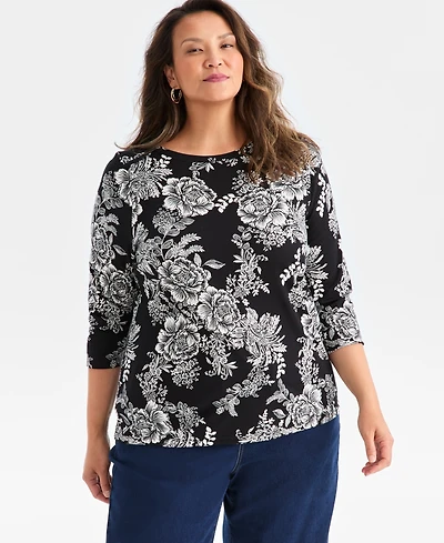 Style & Co Plus Printed Knit 3/4-Sleeve Top