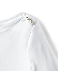 Lands' End Women's Supima Cotton Elbow Sleeve Boatneck Button Shoulder Tee