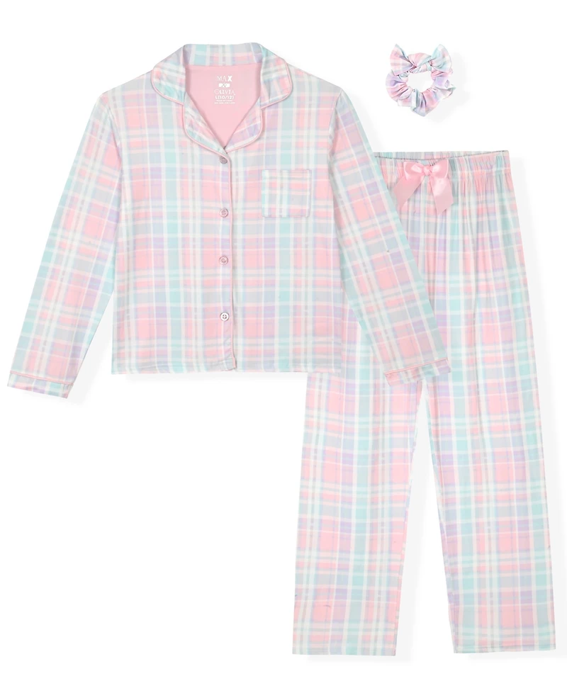 Max & Olivia Little and Big Girls 3-Piece Plaid Coat, Pants Scrunchie Pajama Set
