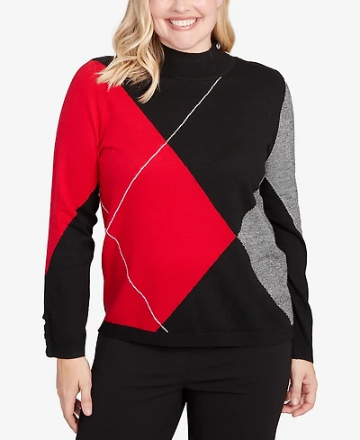 Alfred Dunner Jet Setter Exploded Argyle Mock Neck Sweater