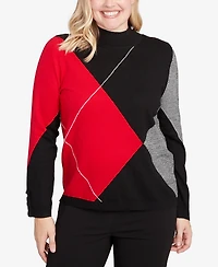 Alfred Dunner Jet Setter Exploded Argyle Mock Neck Sweater