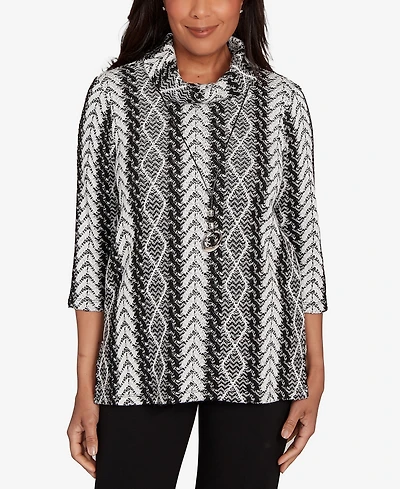 Alfred Dunner Jet Setter Cable Jacquard Knit Top With Necklace
