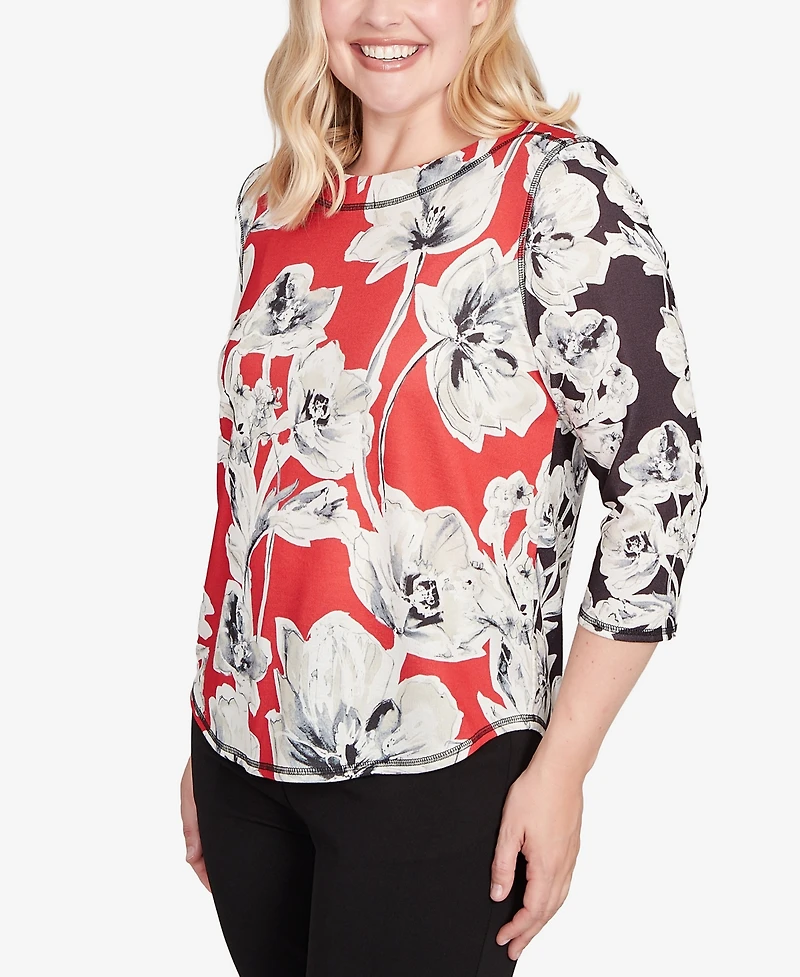 Alfred Dunner Women's Jet Setter Dynamic Floral Vintage Watercolor Top