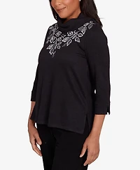 Alfred Dunner Lake Champlain Leaf Embroidered Rib Neck Top