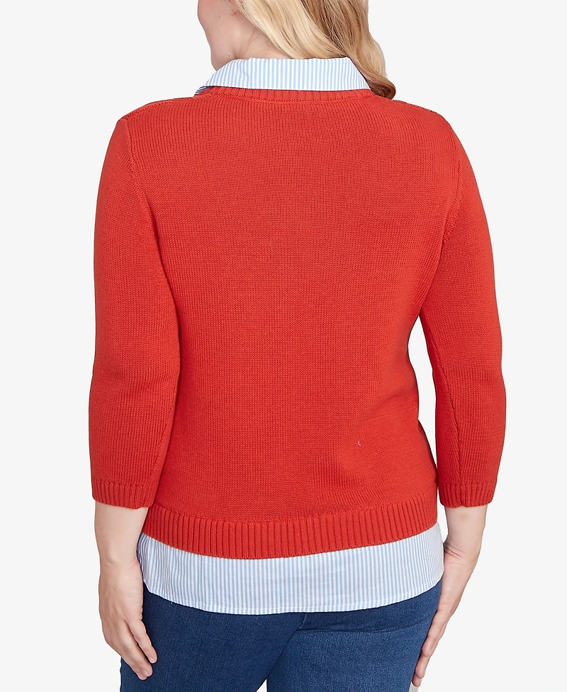 Alfred Dunner Sunset Canyon Stitched Cable Stripe Woven Trim Sweater