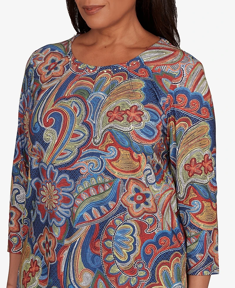 Alfred Dunner Sunset Canyon Stitched Floral Pleated Neck Top