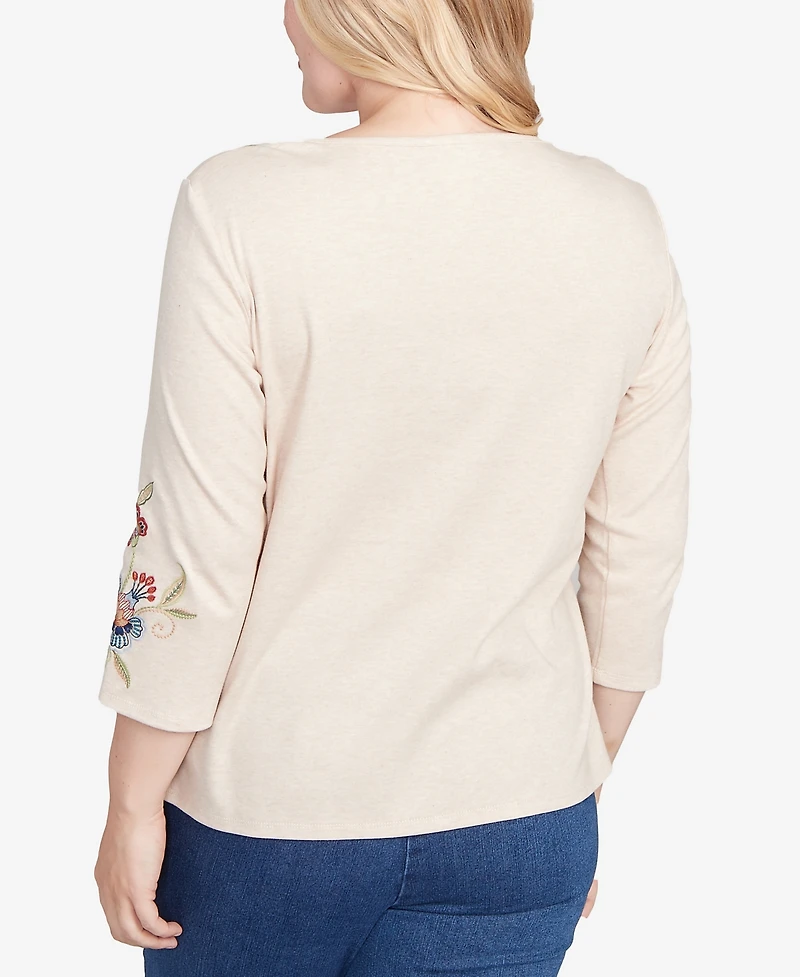 Alfred Dunner Sunset Canyon Allover Floral Embroidered Crew Neck Top