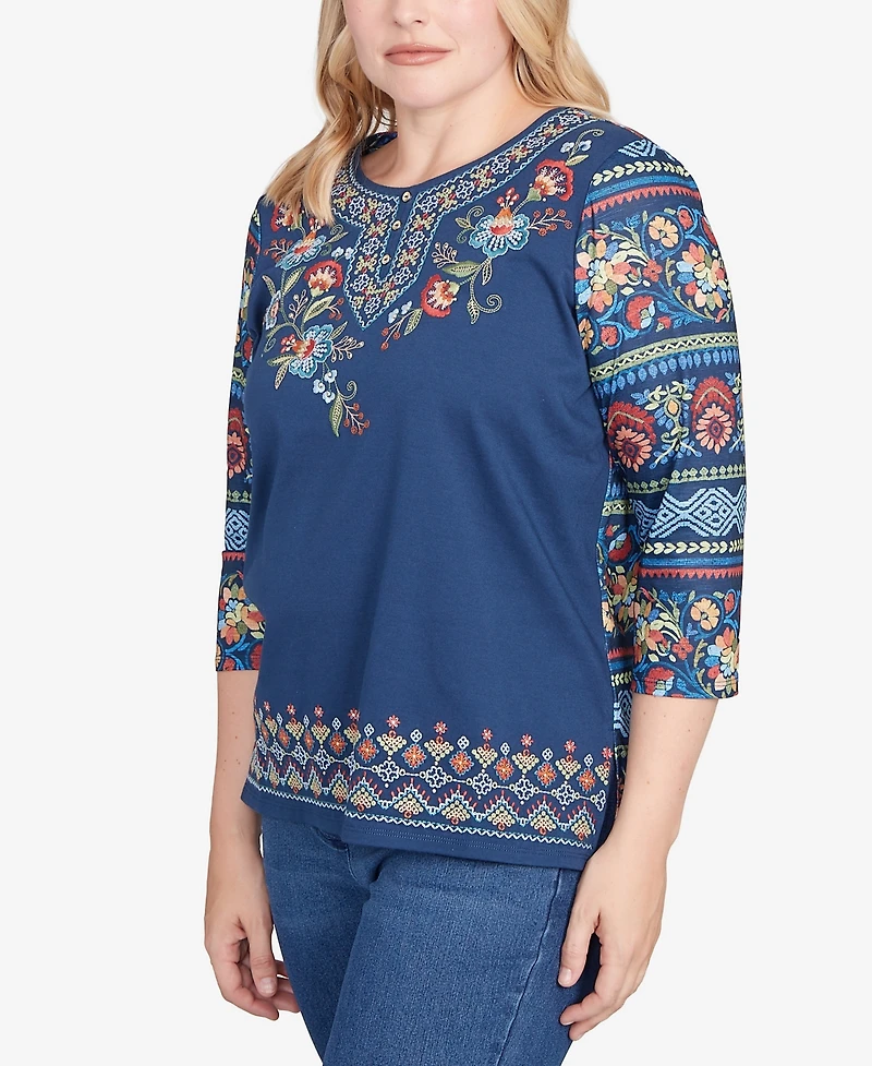 Alfred Dunner Sunset Canyon Printed Sleeve Floral Embroidered Top