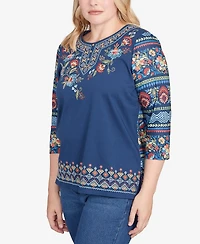Alfred Dunner Sunset Canyon Printed Sleeve Floral Embroidered Top