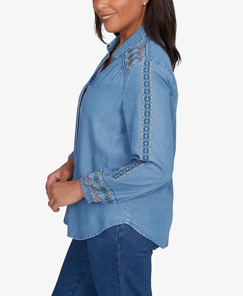 Alfred Dunner Sunset Canyon Needlepoint Embroidered Button Front Top