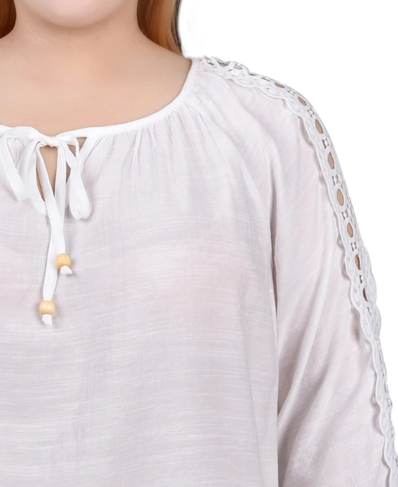 Ny Collection Plus 3/4 Sleeve Crochet Detail Top