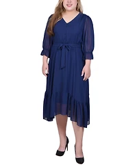 Ny Collection Plus 3/4 Sleeve V-Neck Flounced Dress