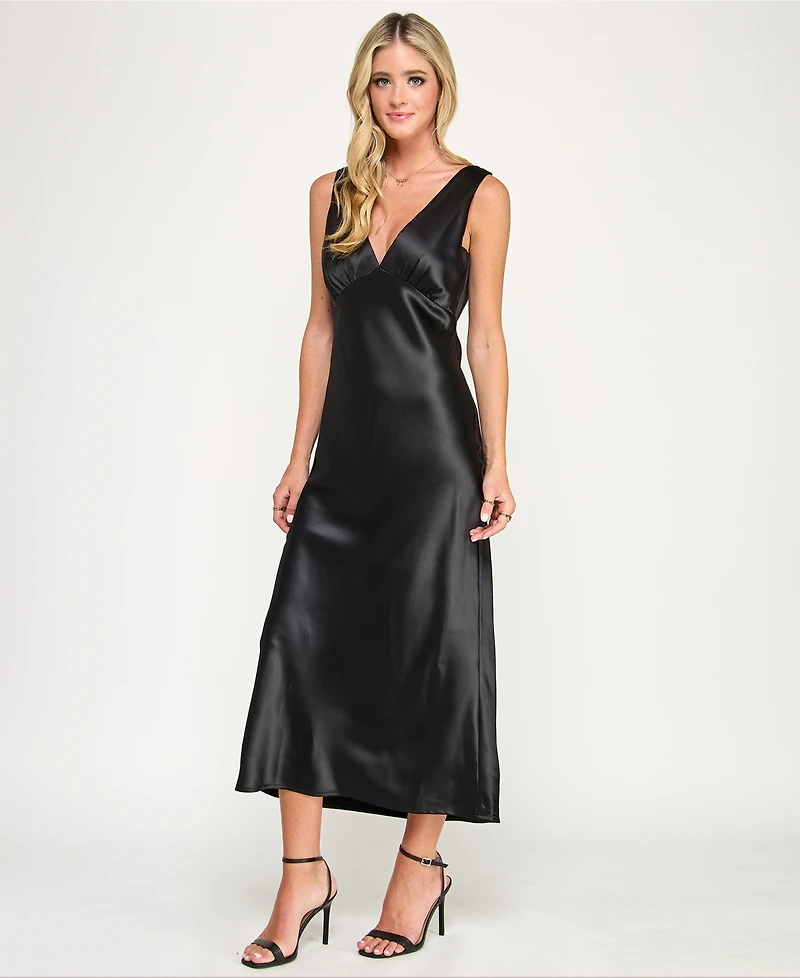 Emerald Sundae Juniors' V-Neck A-Line Satin Midi Dress