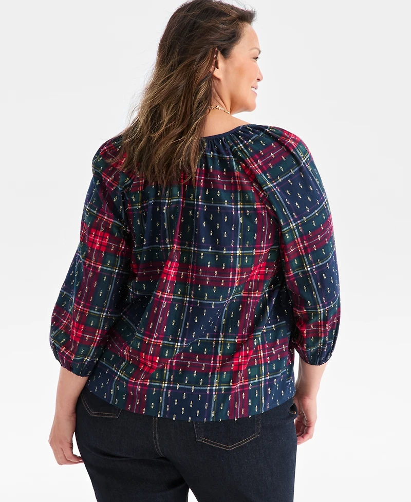 Style & Co Plus Size V-Neck Plaid Bubble-Sleeve Blouse, Macy's Exclusive