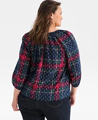 Style & Co Plus Size V-Neck Plaid Bubble-Sleeve Blouse, Macy's Exclusive