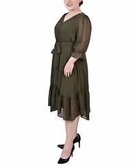 Ny Collection Plus 3/4 Sleeve V-Neck Flounced Dress