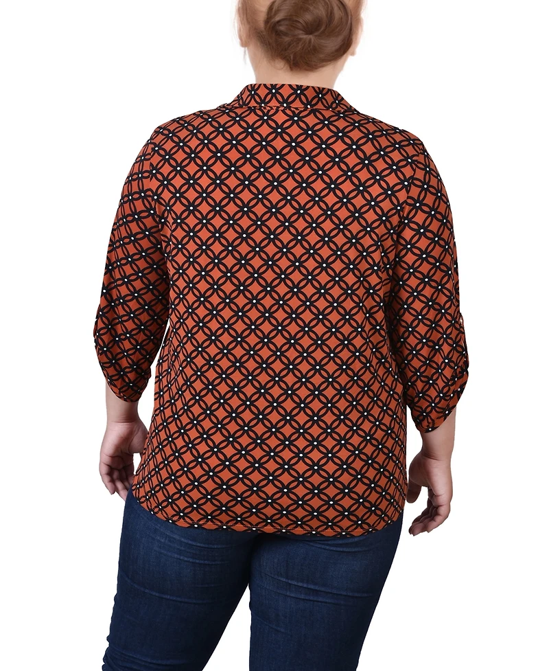 Ny Collection Plus 3/4 Roll Tab Sleeve Studded Y Neck Top