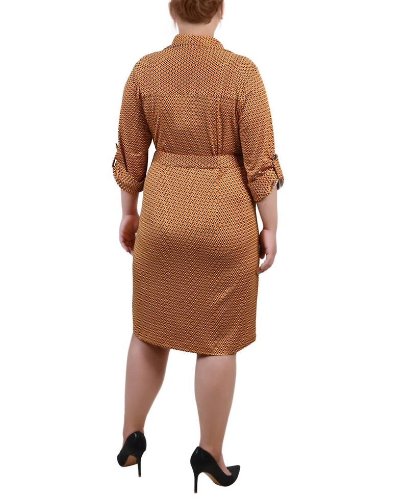 Ny Collection Plus Belted Roll Tab Zip Front Shirtdress